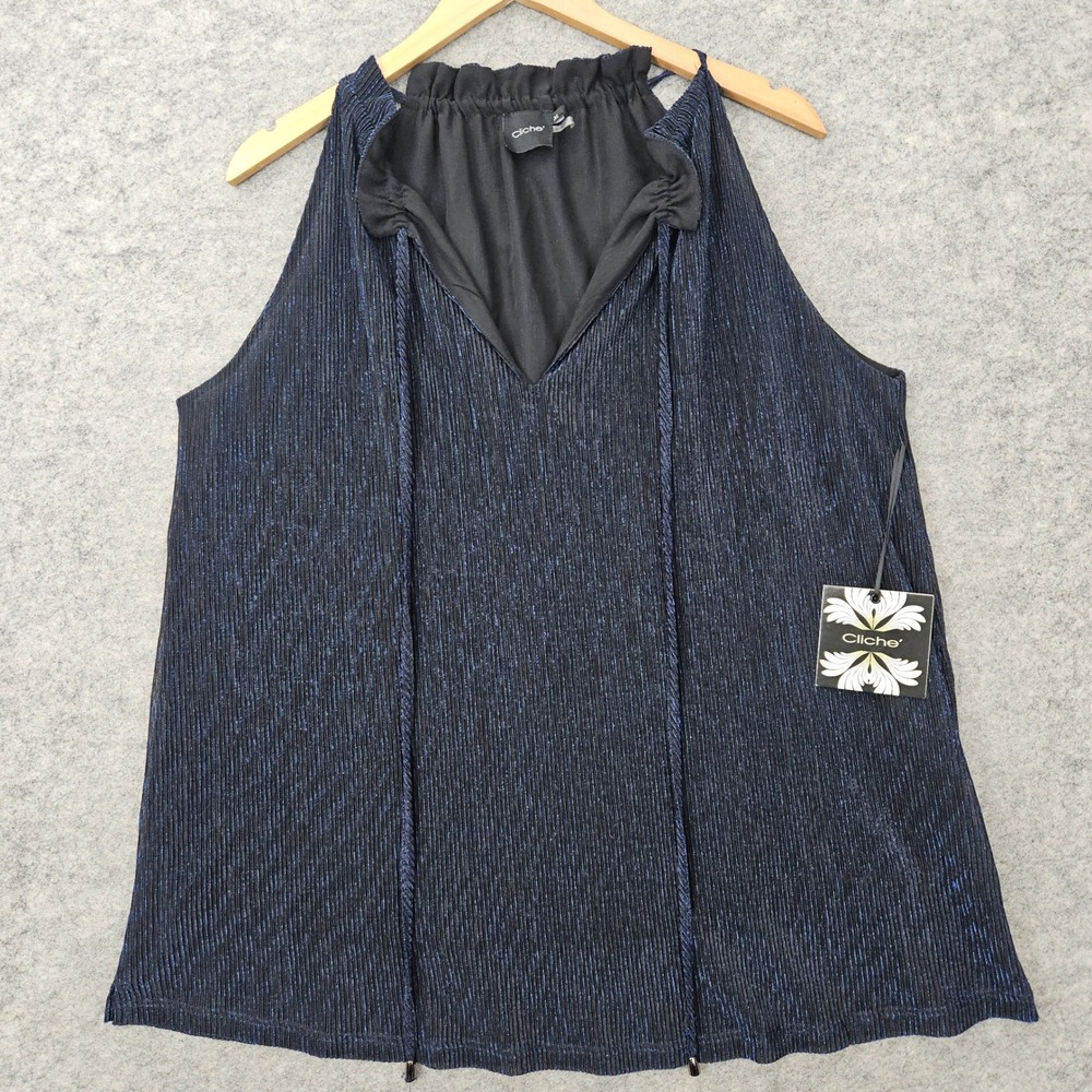NEW Cliche Pleated Tank Top Women's XL Metallic Blue Halter V-Neck Event NWT
